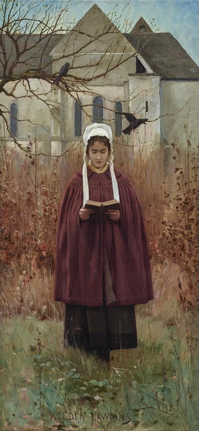 Solitudine, o novizia che legge nel giardino del convento